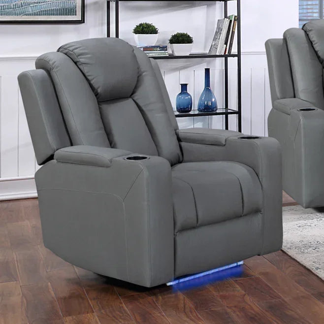 Charcoal grey recliner chair with cup holders and LED base light in a modern living room setting