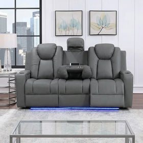 Breeze 3 Seater Dual Motor Electric Recliner Lounge in dark grey leather with cup holders, LED lighting underneath, and a modern living room background featuring cityscape windows and minimalist decor.