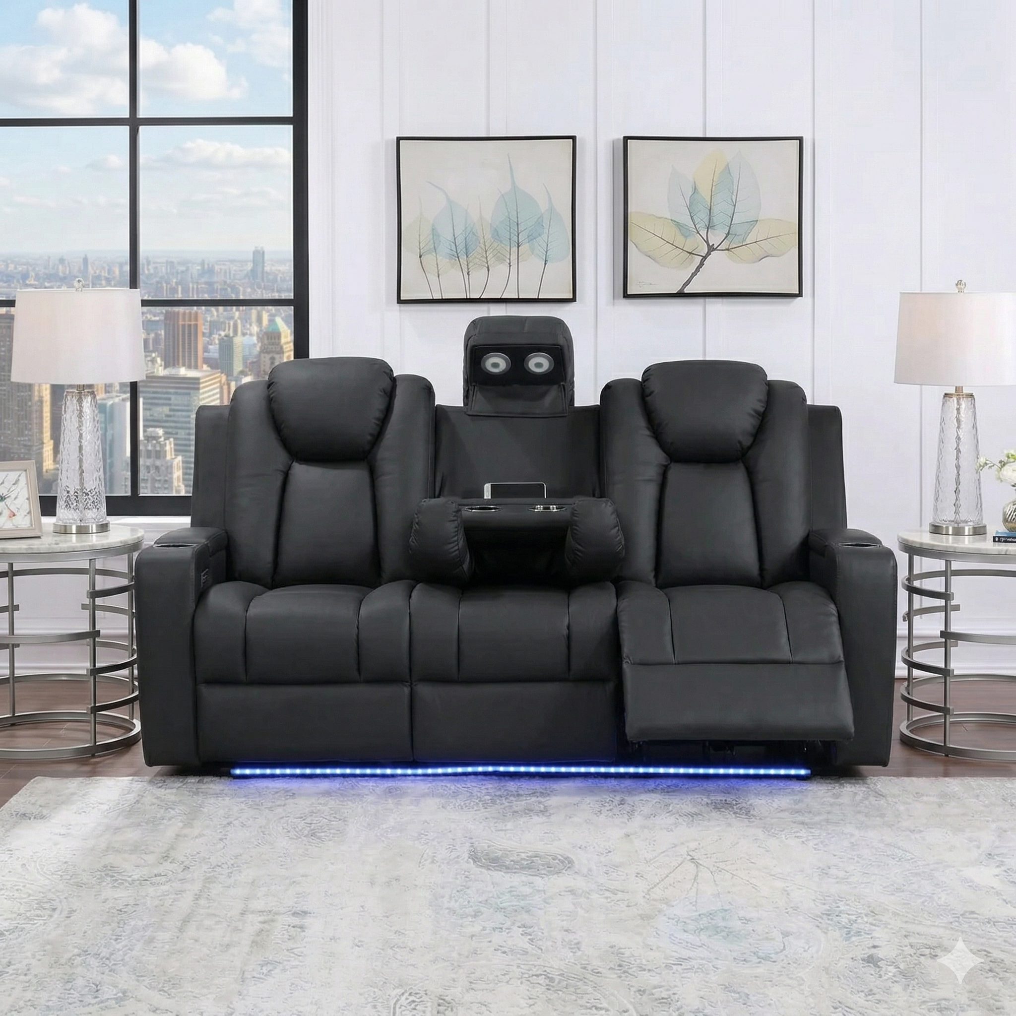 Black recliner sofa with LED lighting in a modern living room setting.