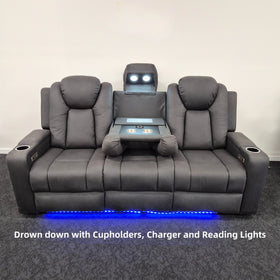 Grey 3 seater electric recliner lounge with dropdown tray, cup holders, USB charger, reading lights