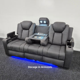 Three-seater electric recliner lounge with storage armrests, cup holders, LED lights, and fold-down tray