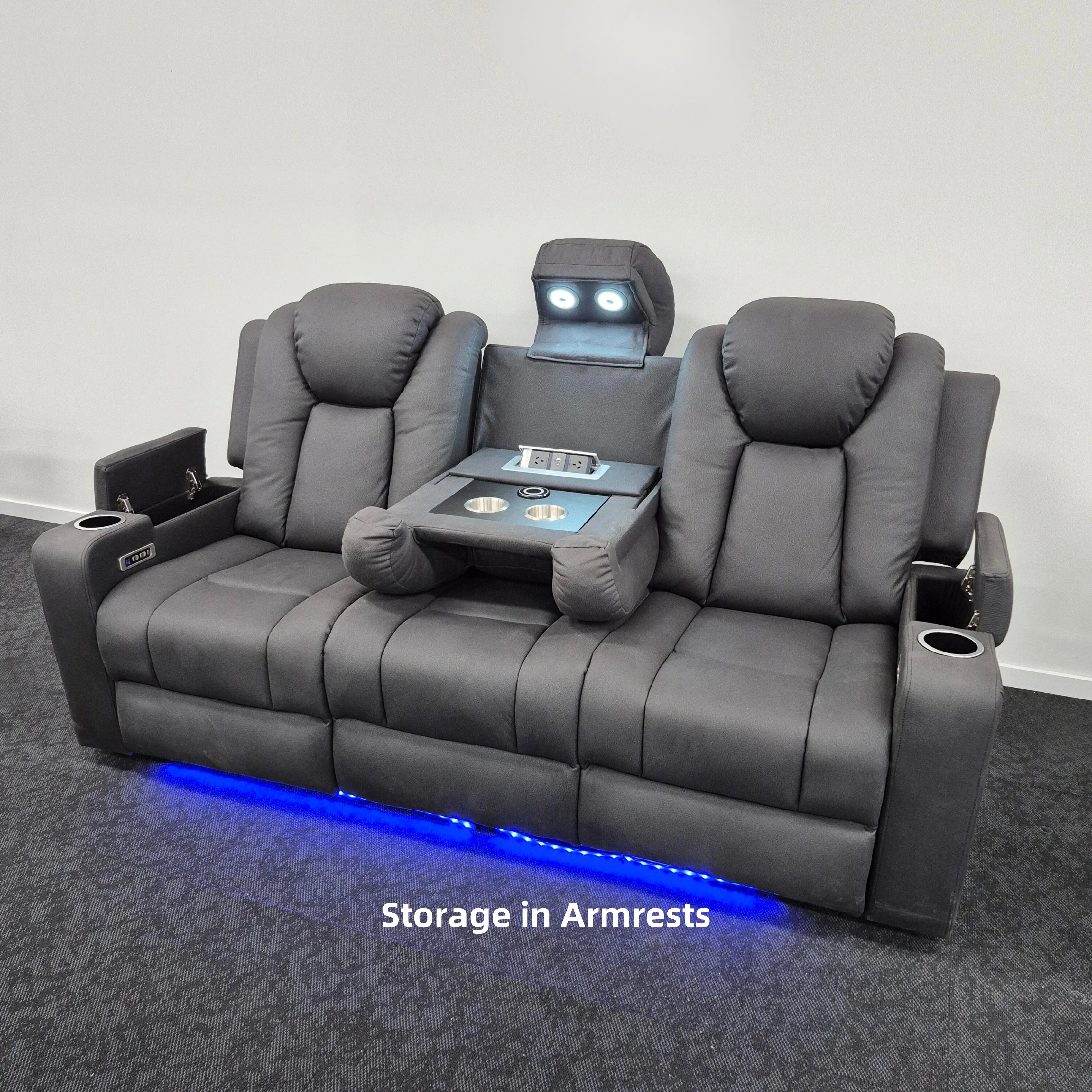 Three-seater electric recliner lounge with storage armrests, cup holders, LED lights, and fold-down tray