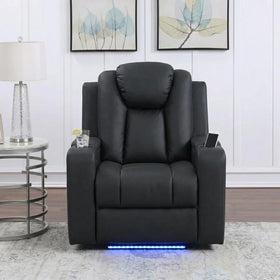 Breeze Dual Motor Electric Recliner Chair in black leather with cup holder and side pocket, featuring LED lights underneath, placed in a modern living room setting.