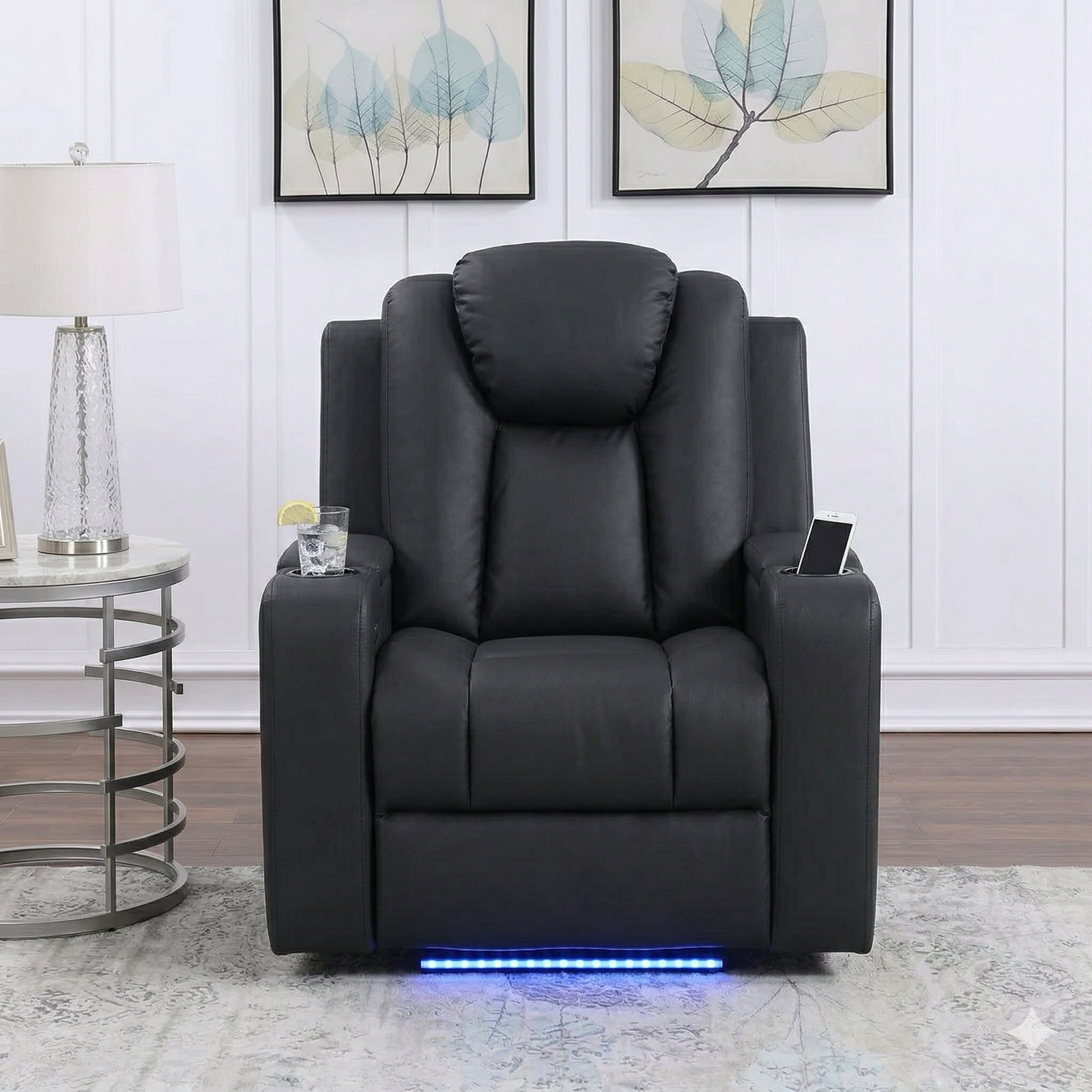 Black recliner chair with LED lighting in a living room setting