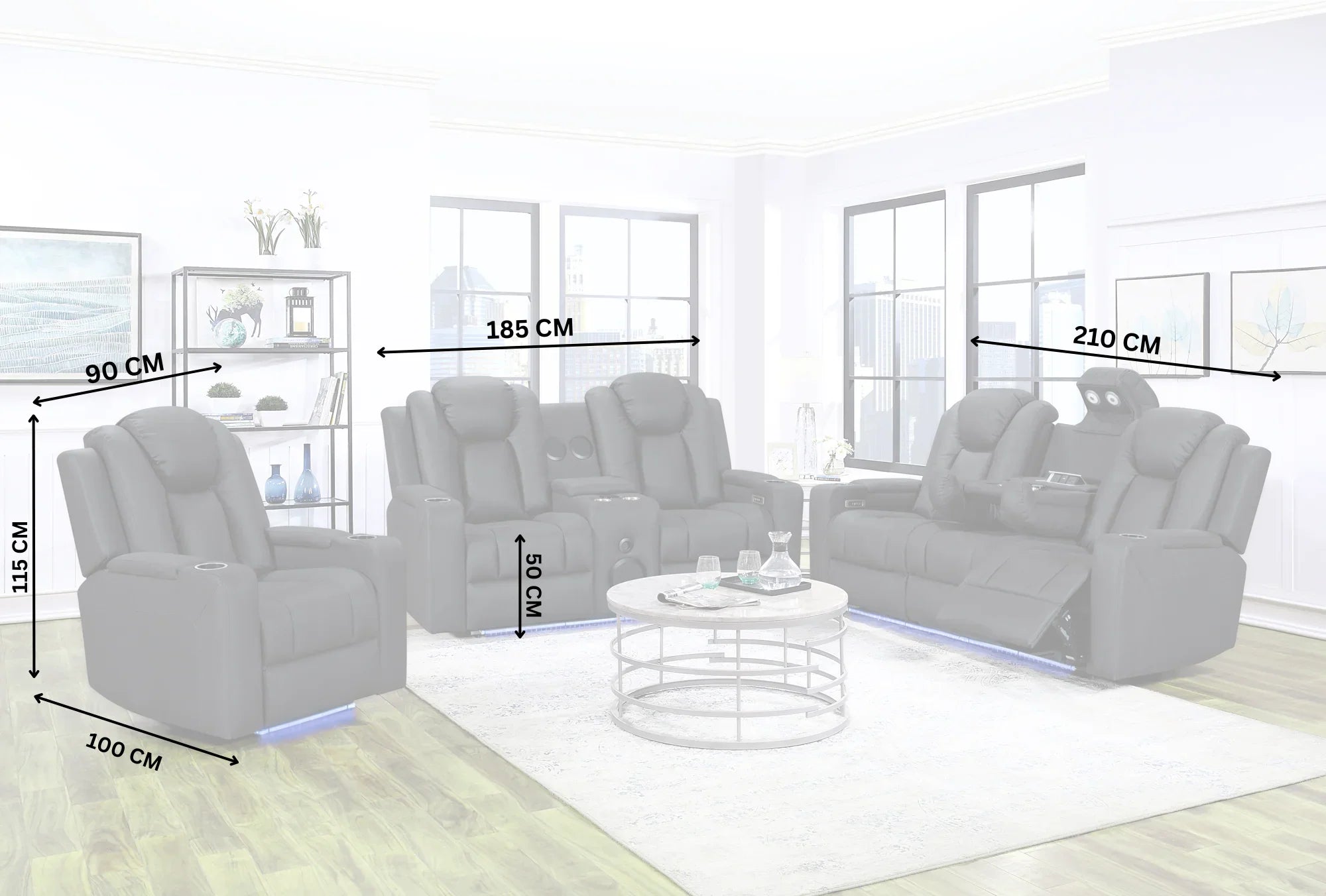 Grey recliner sofas with cup holders in modern living room, labeled with width and height dimensions