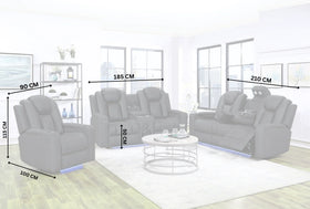 Grey recliner sofas with cup holders in modern living room, labeled with width and height dimensions