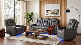 Breeze 3+1+1 charcoal recliner package with a grey 3 seater sofa and two matching recliner armchairs and LED base lighting in a bright modern lounge - The A2Z Furniture