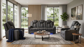 Breeze 3+1+1 recliner package with a dark grey 3 seater sofa and two matching recliner armchairs and LED base lighting in a modern living room - The A2Z Furniture