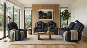 Breeze 3+2+1 black recliner package with a 3 seater sofa, 2 seater loveseat and armchair with cup holders and LED base lighting in a contemporary living room - The A2Z Furniture