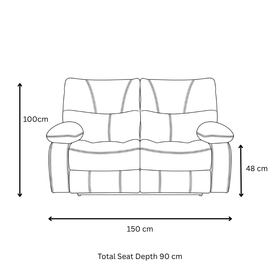 Brooke 2 Seater Recliner Lounge dimensions — 150 cm length, 100 cm height, 48 cm seat height, 90 cm total seat depth