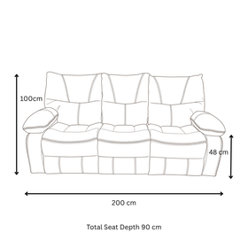 Brooke 3 Seater Recliner Lounge dimension diagram - 200cm width, 90cm depth, 100cm height, 48cm seat height