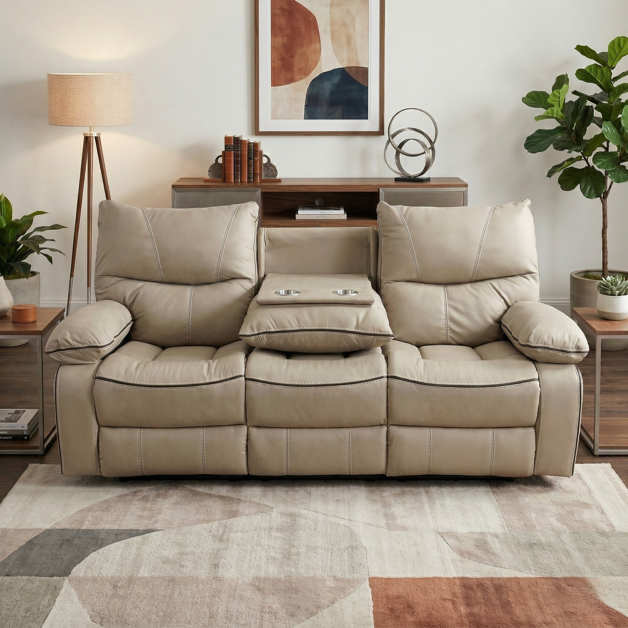 Beige sectional sofa in a living room setting with decor elements.