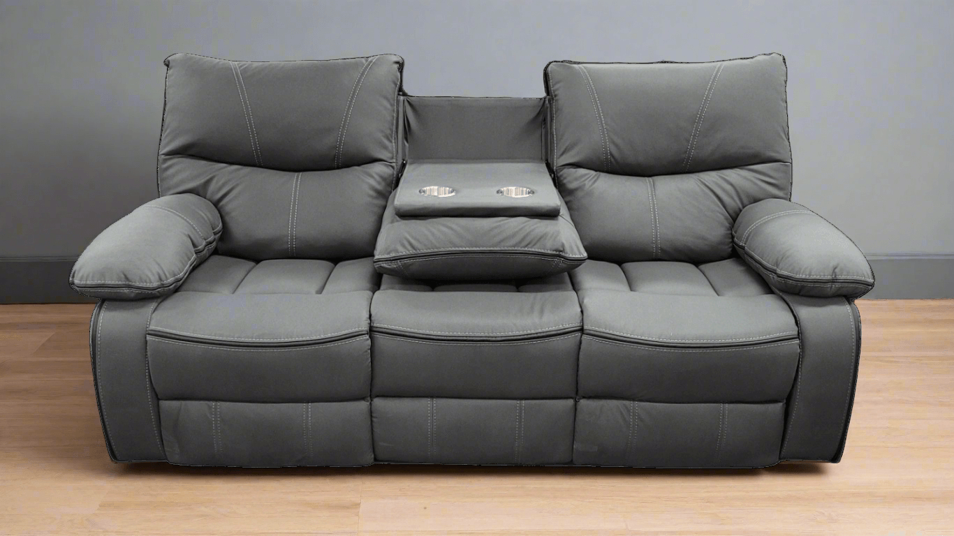 Brooke 3 Seater Recliner Lounge in Black waterproof fabric. Comfortable seating with manual recline and cup holders.