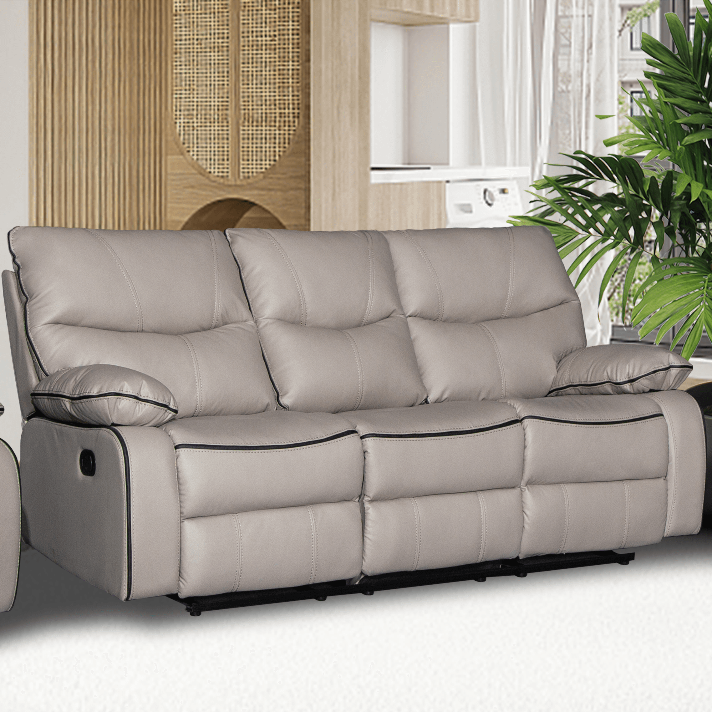 Brooke 3 Seater Recliner Lounge in Crème waterproof fabric. Comfortable seating with manual recline and cup holders.
