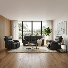 Brooke Manual 3+1+1 recliner package in black: 3 seater and two recliner chairs, styled in a living room - The A2Z Furniture