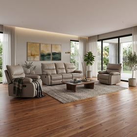 Brooke Manual 3+1+1 recliner package in creme: 3 seater and two recliner chairs, styled in a living room - The A2Z Furniture
