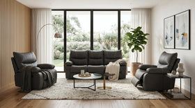 Brooke 3+1+1 black leather recliner suite, three-seater plus two armchairs styled in a contemporary living room - The A2Z Furniture