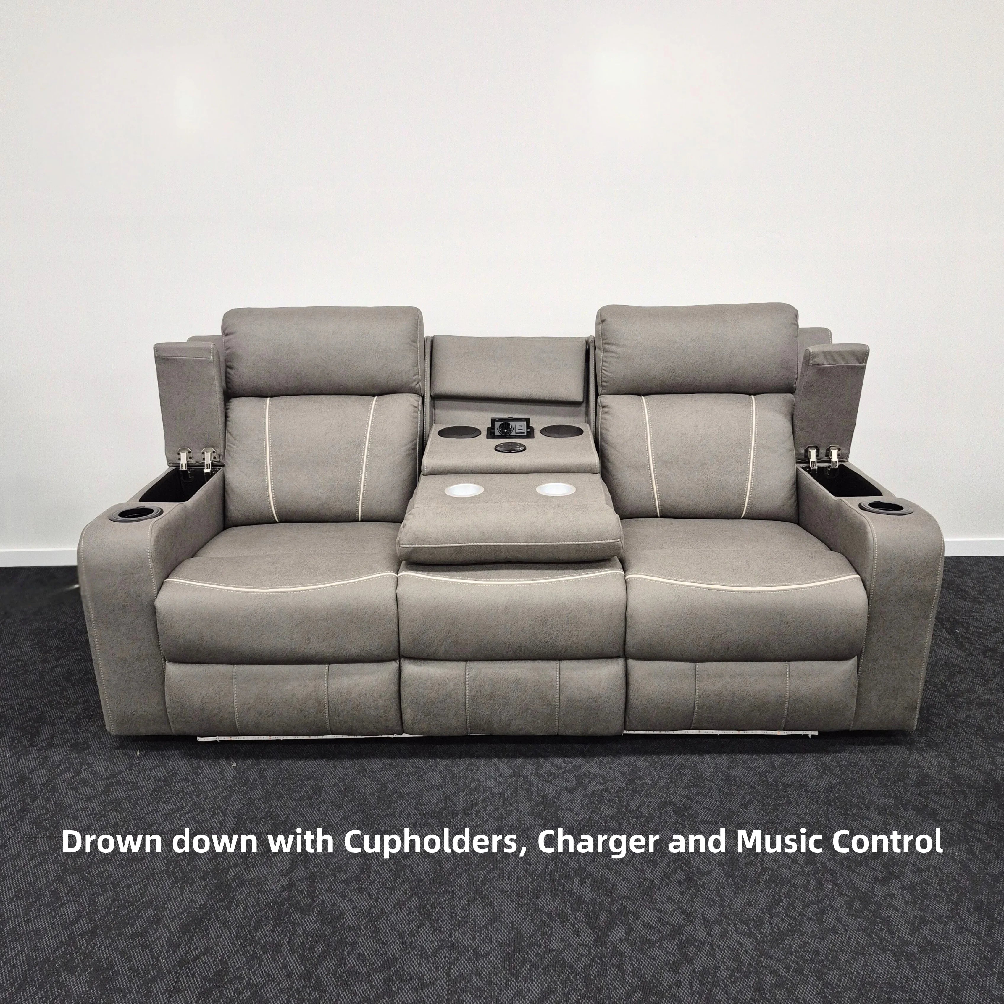 Grey 3 seater electric recliner lounge with storage, cupholders, charger, and music control