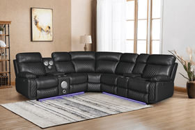 Bunbury recliner lounge with plush Air Leather upholstery, featuring corner recliners and a built-in Bluetooth speaker system.