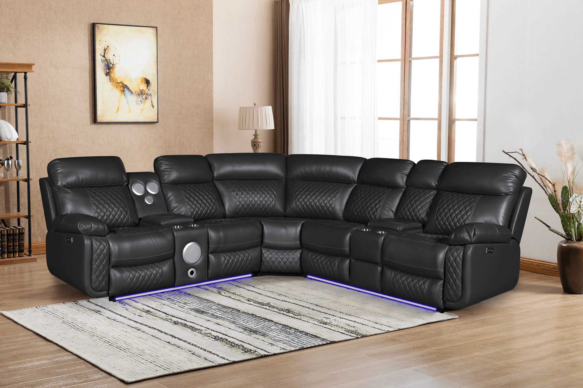 Bunbury recliner lounge with plush Air Leather upholstery, featuring corner recliners and a built-in Bluetooth speaker system.