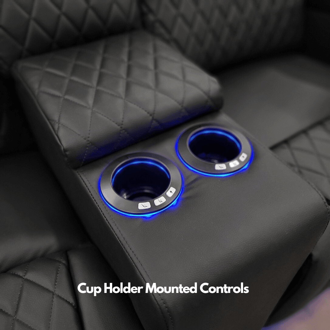 Black leather recliner sofa with illuminated cup holders and built-in control buttons