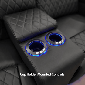 Black leather recliner sofa with illuminated cup holders and built-in control buttons