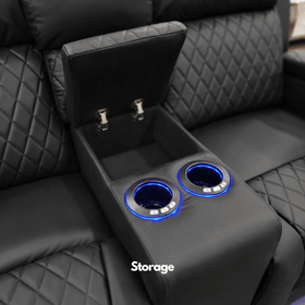 Black recliner sofa with diamond stitching, storage compartment, and LED cup holders