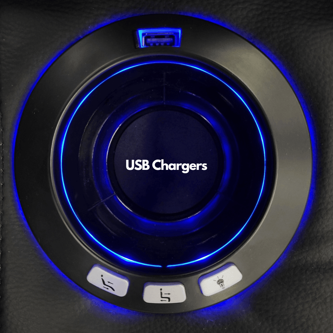 USB charging port with blue LED lights and control buttons on black leather furniture