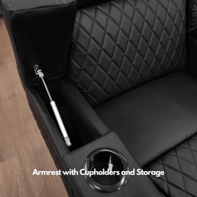 Black quilted lounge chair armrest with cup holder and built-in storage compartment