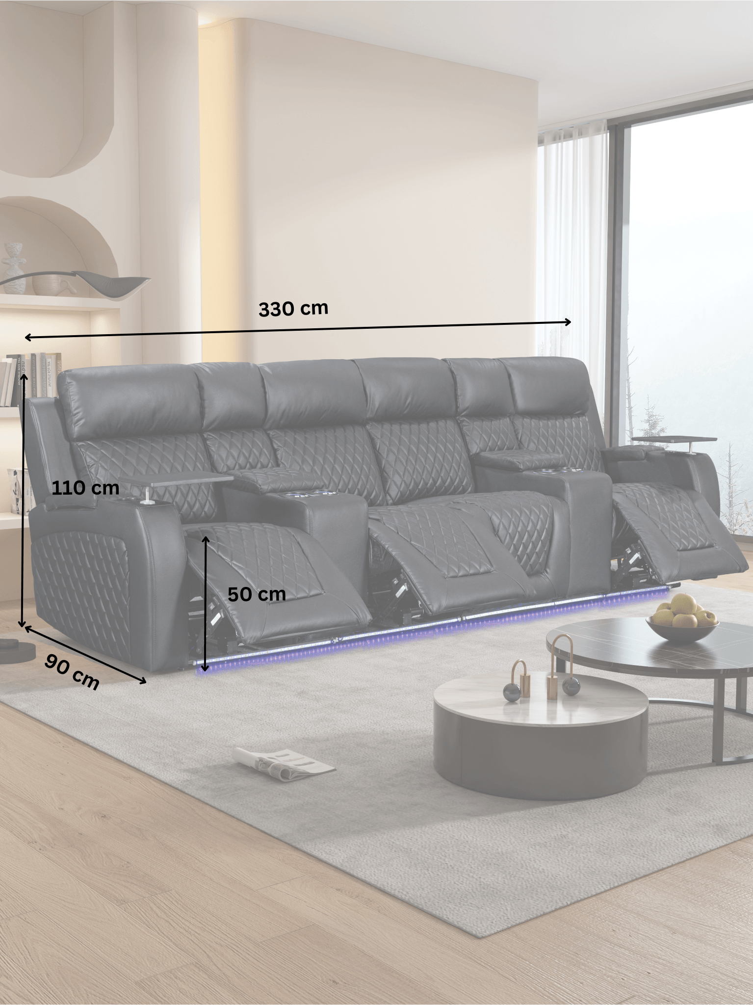 Black reclining sectional sofa with dimensions 330cm wide, 110cm high, 90cm deep, in modern living room