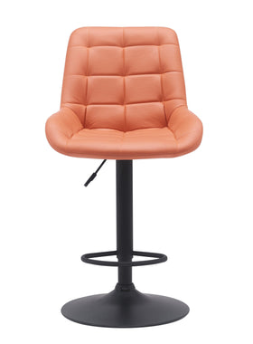 Modern orange bar stool with quilted seat, black pedestal base, and adjustable height lever