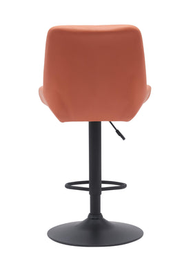 Modern orange bar stool with curved backrest and black metal base, rear view