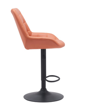 Modern orange upholstered bar stool with black pedestal base and footrest