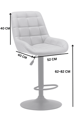Modern adjustable bar stool with padded seat, backrest, and labeled measurements in centimeters.