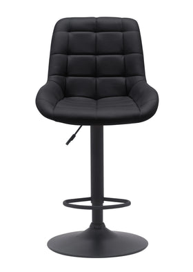 Modern black swivel bar stool with padded seat and low backrest on pedestal base