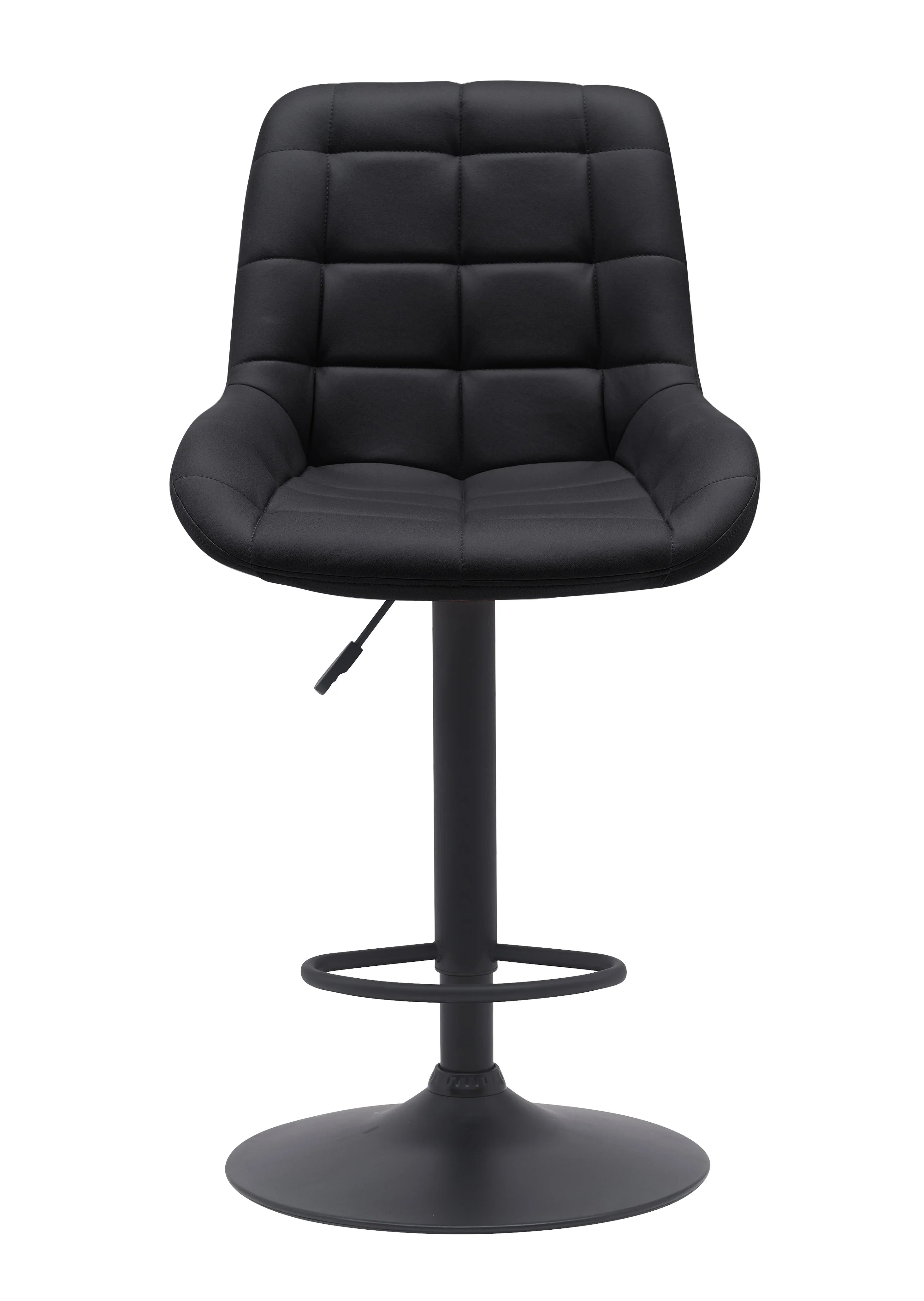 Modern black swivel bar stool with padded seat and low backrest on pedestal base