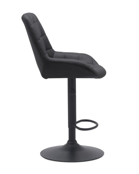 Black upholstered bar stool with footrest and pedestal base, modern kitchen seating