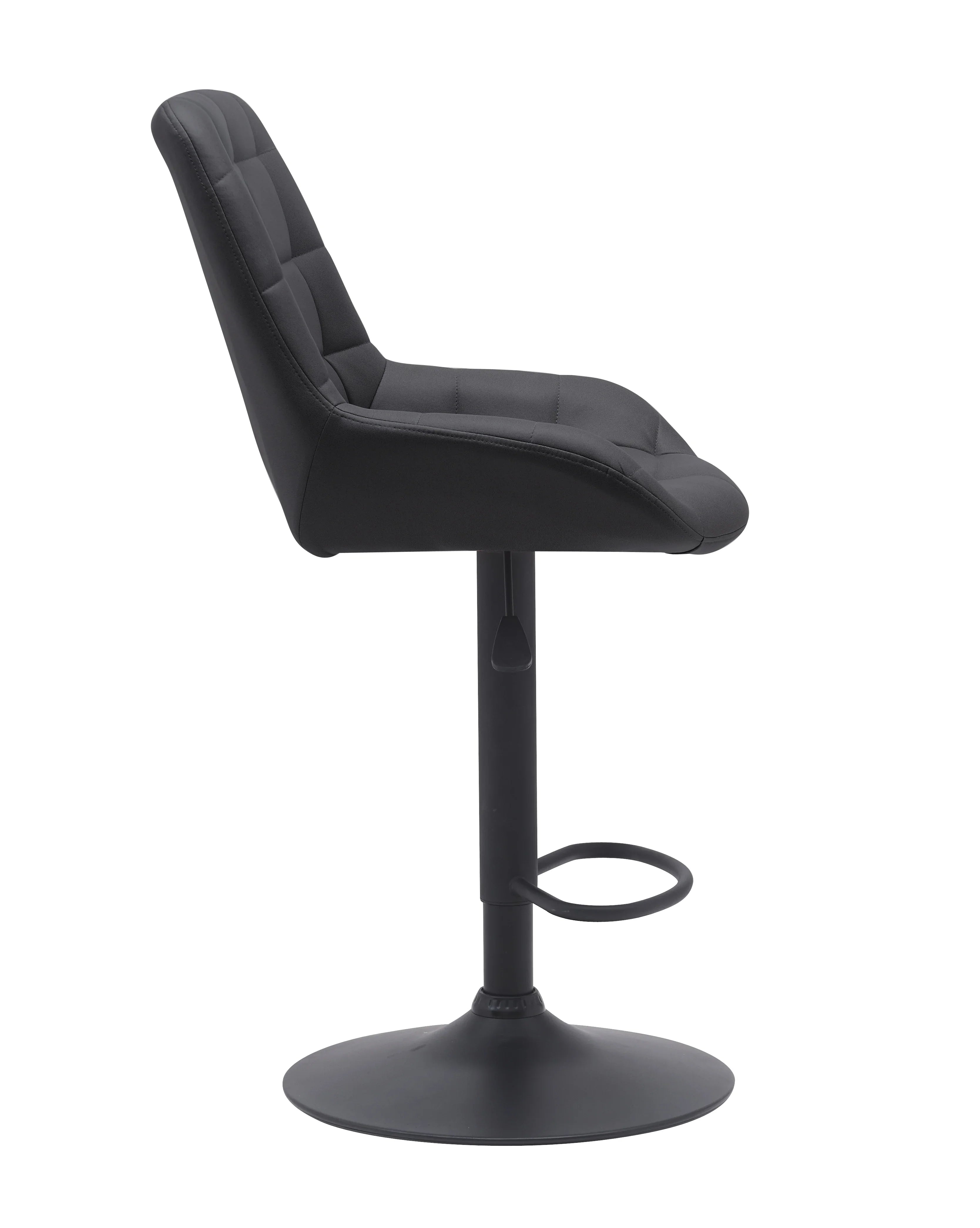 Black upholstered bar stool with footrest and pedestal base, modern kitchen seating