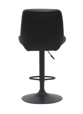 Black adjustable bar stool with backrest and circular footrest, rear view