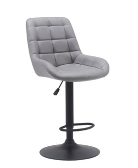 Modern grey fabric bar stool with quilted seat and black metal base