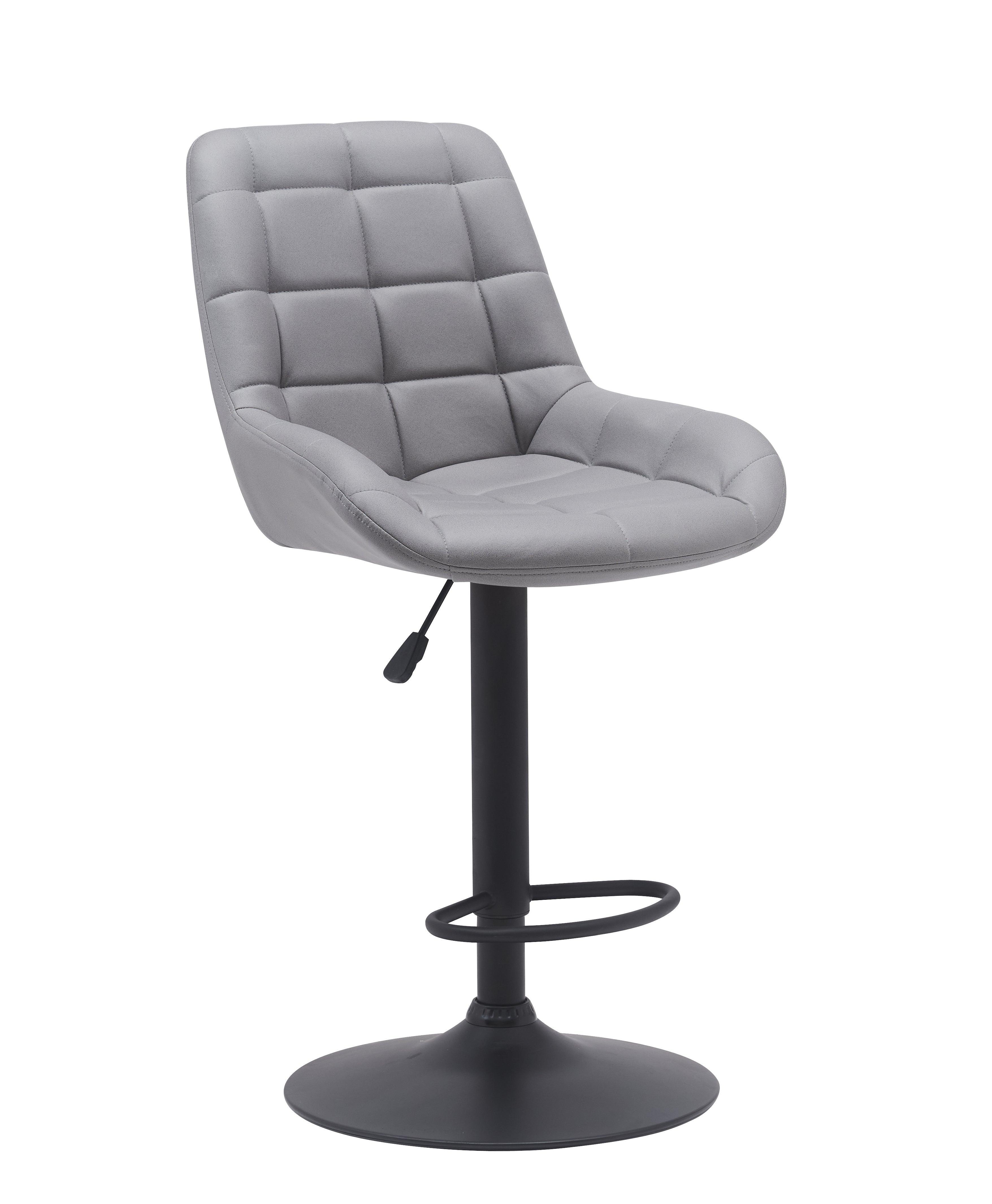 Modern grey fabric bar stool with quilted seat and black metal base