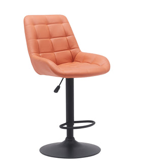 Modern orange bar stool with tufted seat, swivel base, and footrest on white background