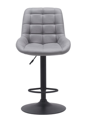 Modern grey upholstered bar stool with black metal base and footrest, adjustable height