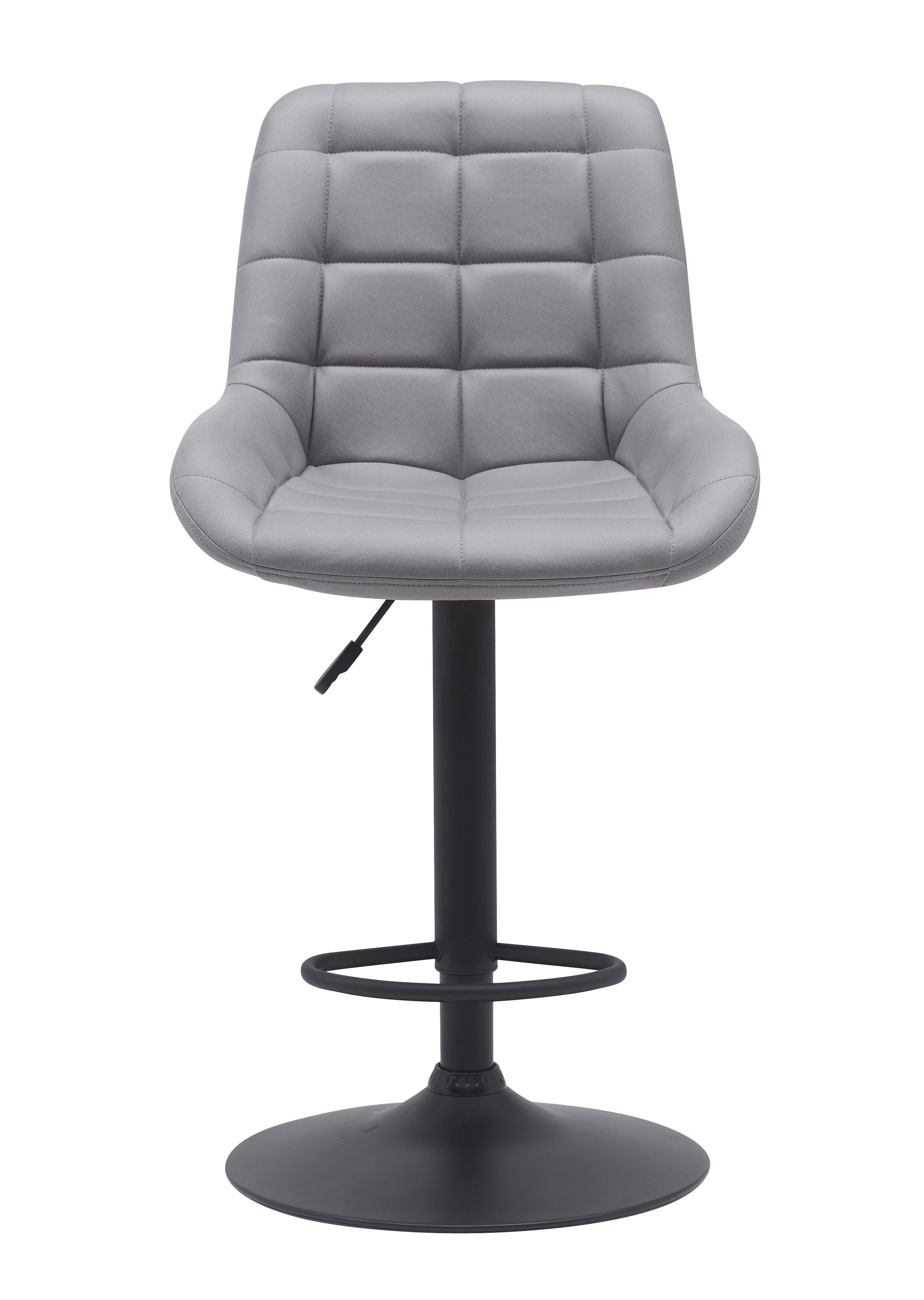 Modern grey upholstered bar stool with black metal base and footrest, adjustable height