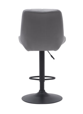 Modern grey bar stool with cushioned back, black metal base and footrest, rear view