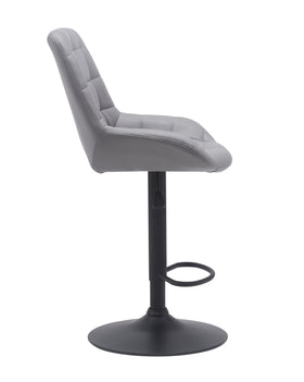 Modern grey bar stool with tufted seat, high backrest, and black pedestal base