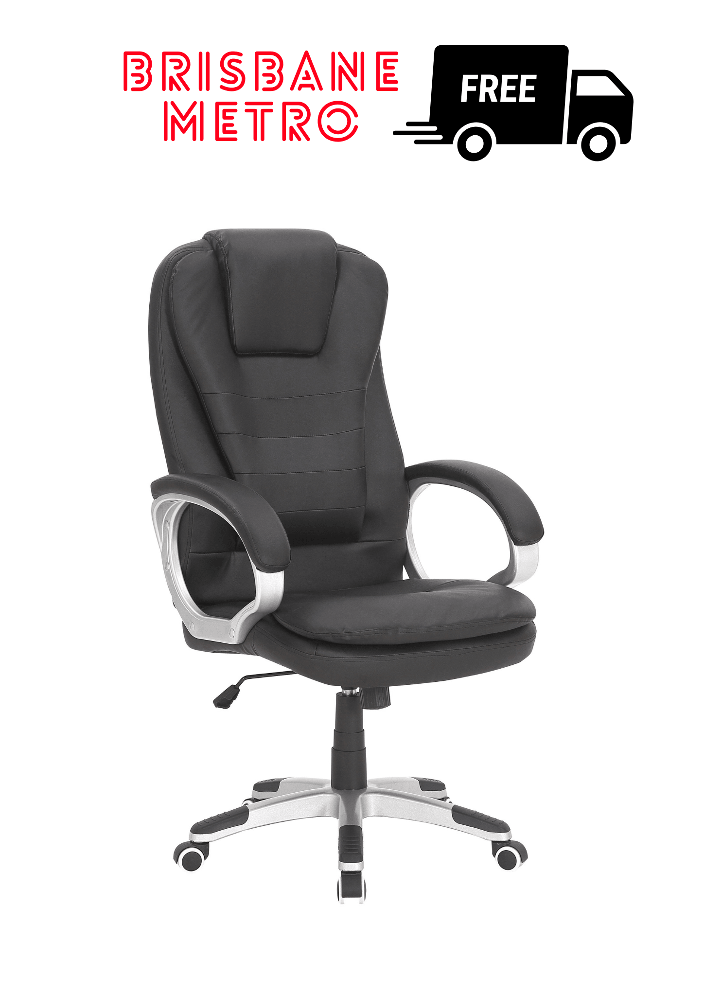 Black PU leather office chair with chrome base, swivel, and adjustable height features.