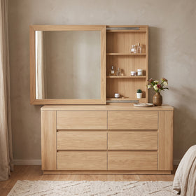 Cambridge dresser with the mirror slid left to reveal the hidden shelf unit - The A2Z Furniture
