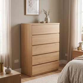 Cambridge tallboy in Nature light oak with five drawers and lift-up jewellery lid, styled bedroom - The A2Z Furniture
