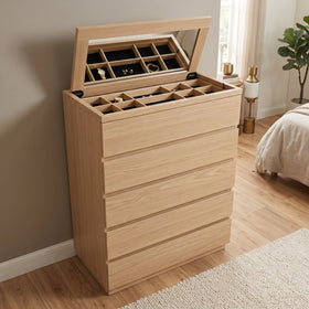 Cambridge tallboy with the lift-up lid open, showing the mirror and compartment jewellery tray - The A2Z Furniture